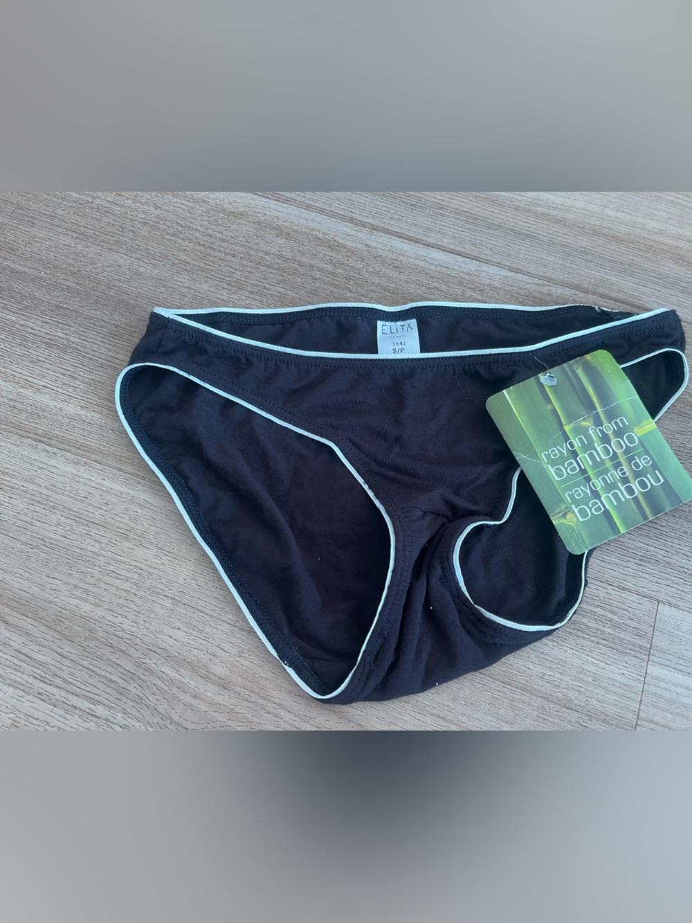 NWT Elita Bamboo Black Bikini Briefs with White Piping size small